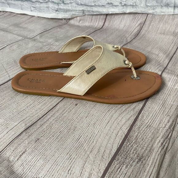 Chaps Ralph Lauren women 8 slip on flip flops white with tan soles - Picture 1 of 7